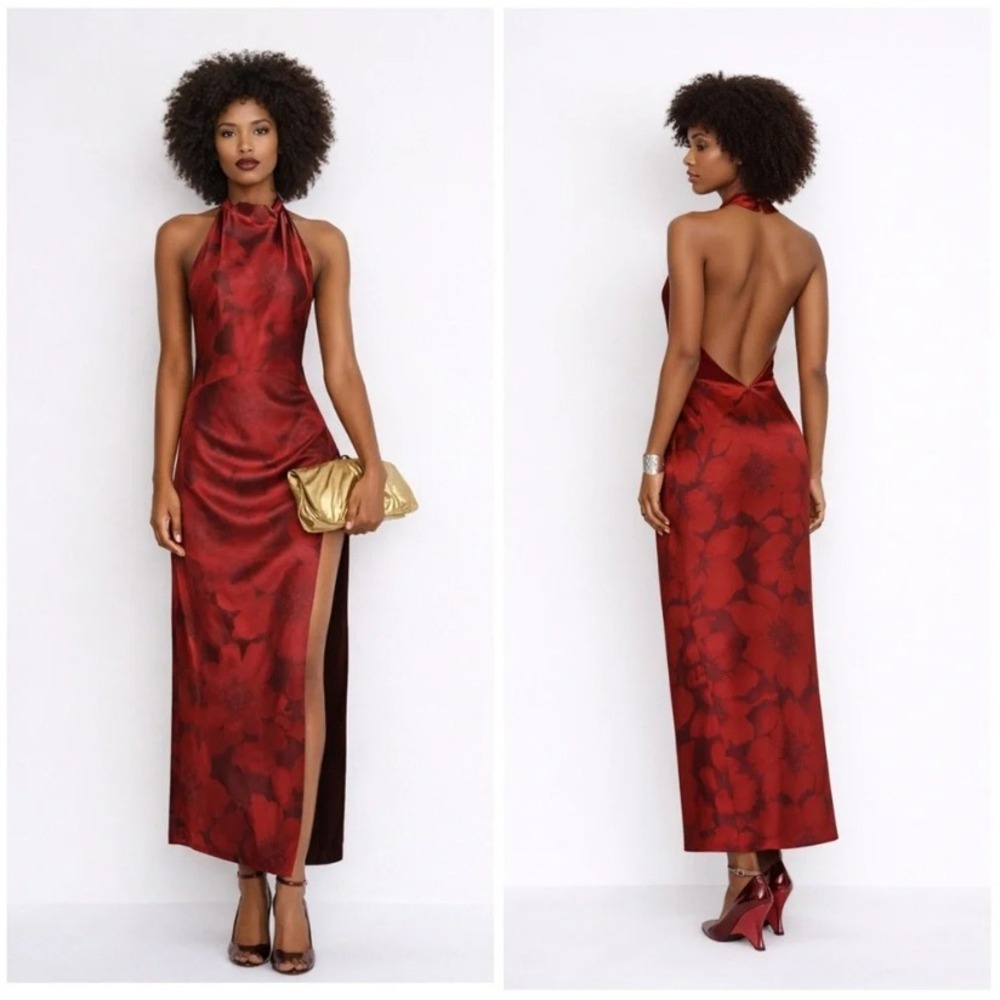 NWT Reformation Emeline Silk Dress Carnelian Red Floral Halter Backless Maxi 8